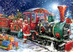 Santa-unloading-the-gifts-from-north-pole-express-train-in-snow-fall-painting-image
